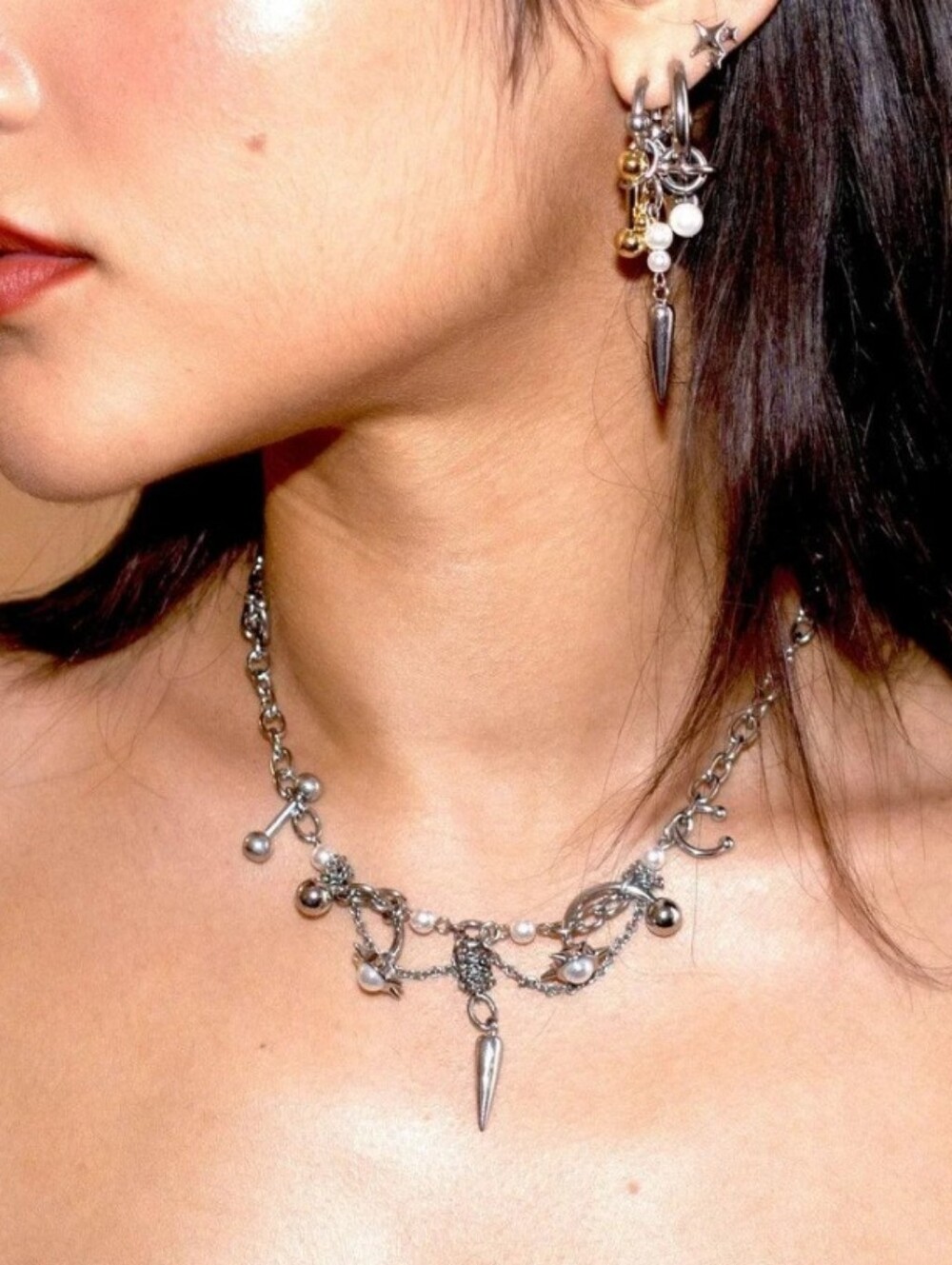 HOTNYC Brazen Ballad Spike Necklace, Palladium plated brass, Silvertone, New